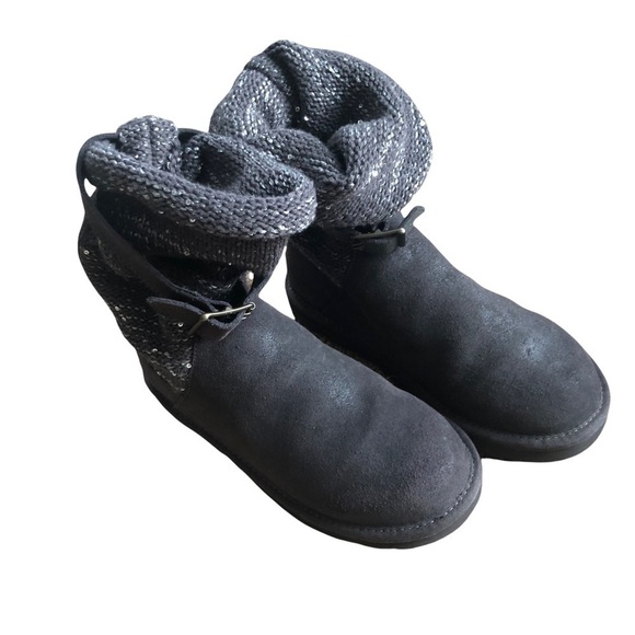 UGG Cambridge Metallic Dk. Gray Ankle Sweater Bootie 7M Suede Rib Knit Buckle - Picture 4 of 9